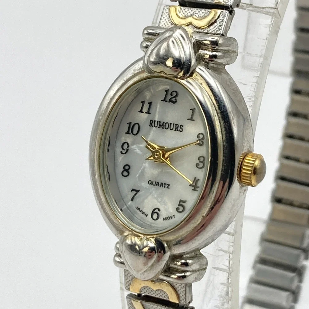 Vtg Rumours Womens Watch Heart Silver Gold Tone MOP Stretch New Battery SMALL 6